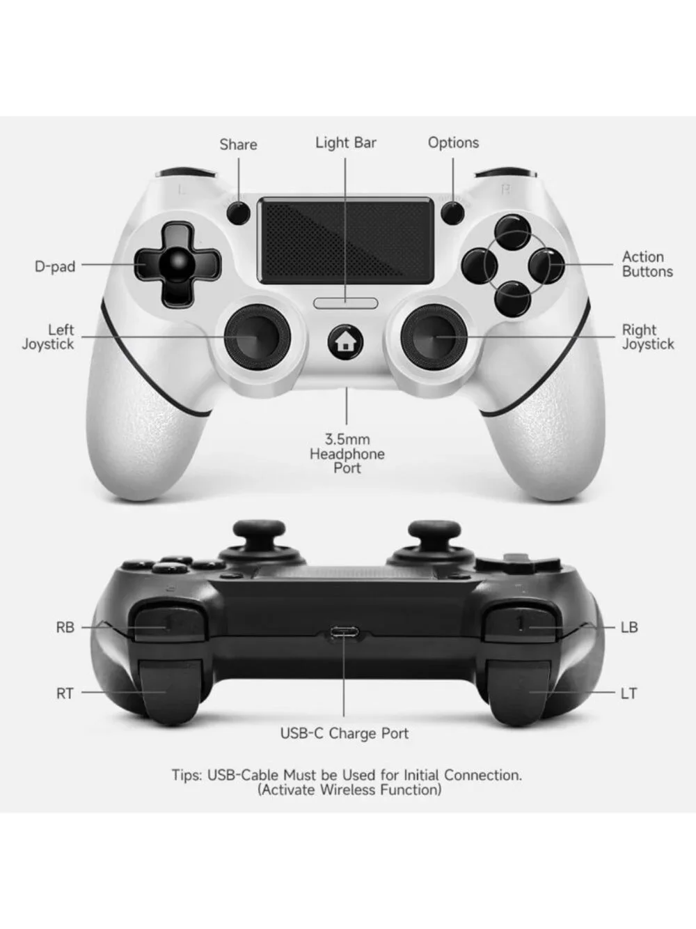 Wireless PS4 Controller 2 Pack with Non-Slip Grip & USB-C Cable - Black/White